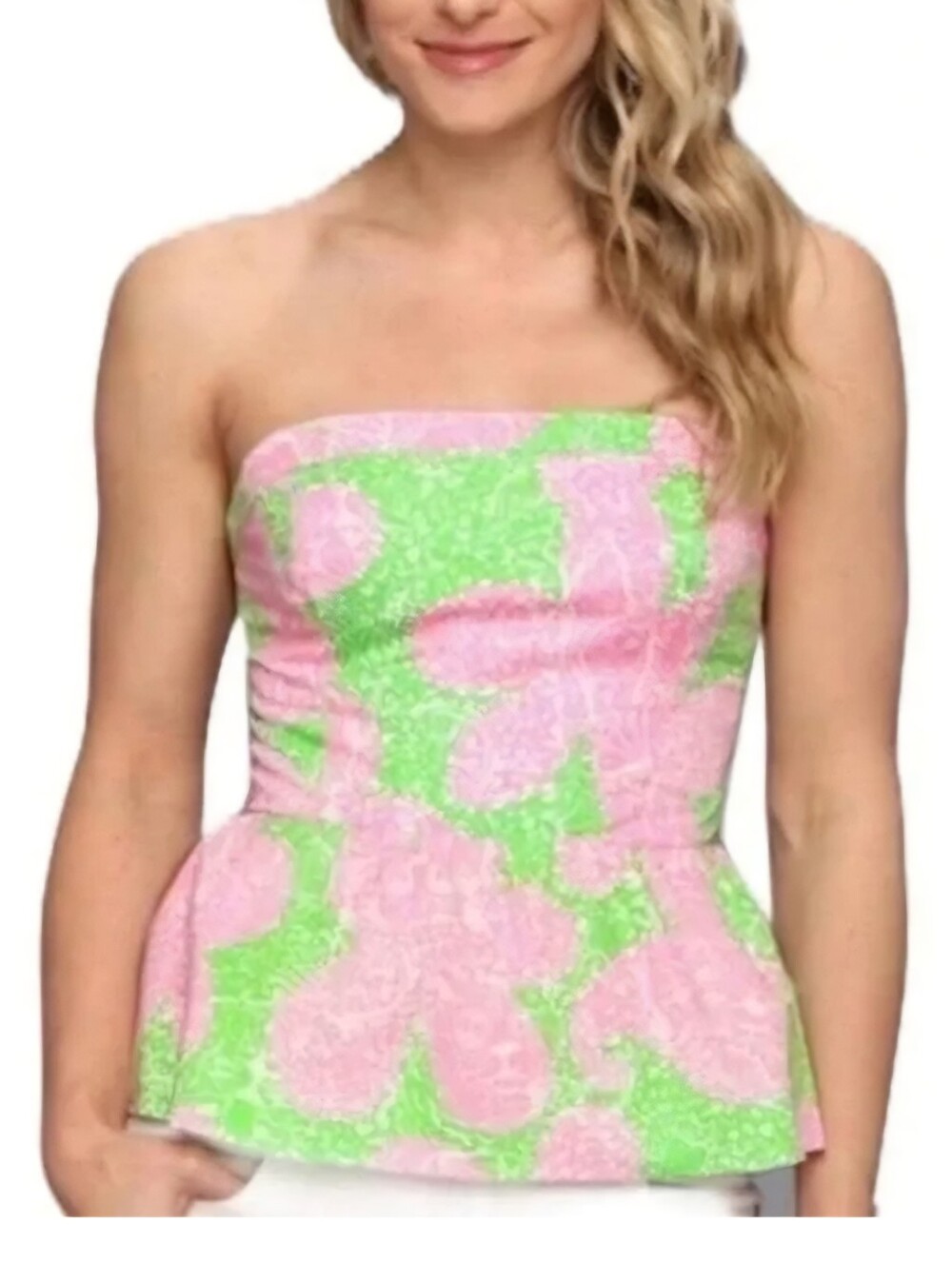 Lilly Pulitzer Pink and Green Strapless Peplum Top